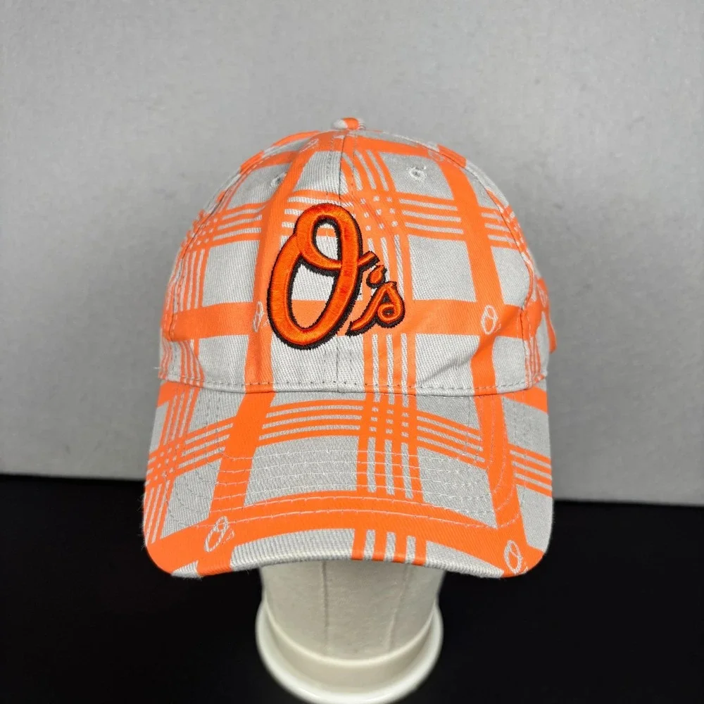 Baltimore Orioles MLB Baseball Cap Hat Gray Orange Plaid Unisex OSFM Stretch